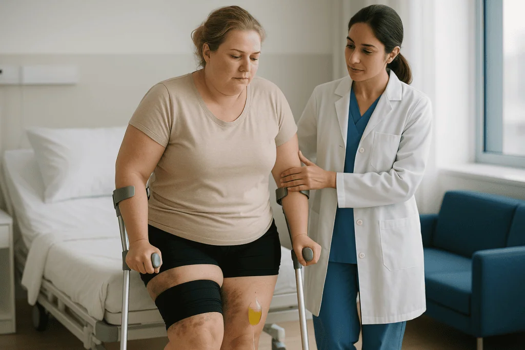 Patient with compression garments walking with medical professional: Lipedema surgery recovery timeline: the first 72 hours