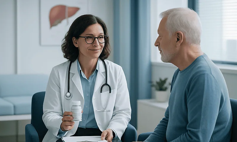 Doctor consulting with an elderly male patient in a medical office.