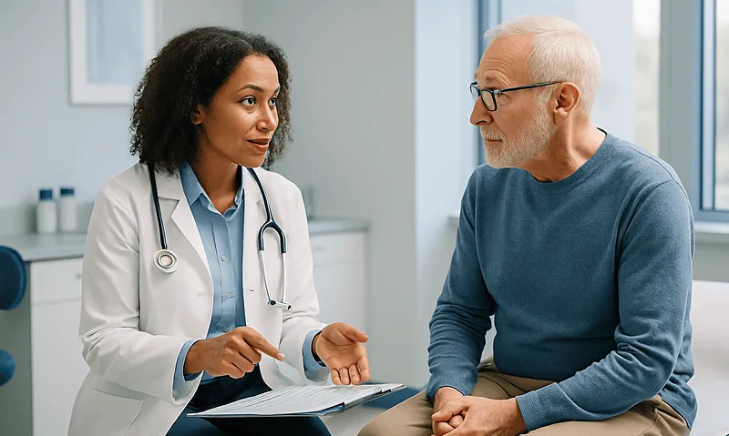 Doctor consulting with an elderly male patient in a medical office.