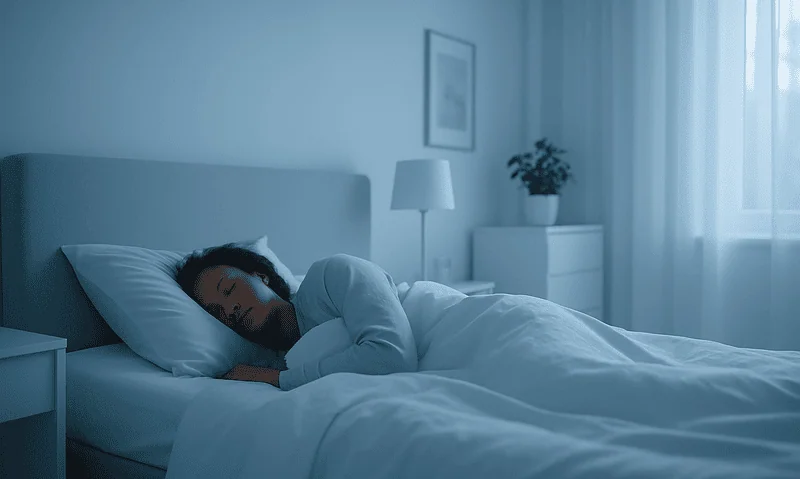 Woman sleeping peacefully in a bright, modern bedroom.