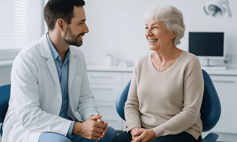 Dentist consulting with elderly woman about dental implant care.