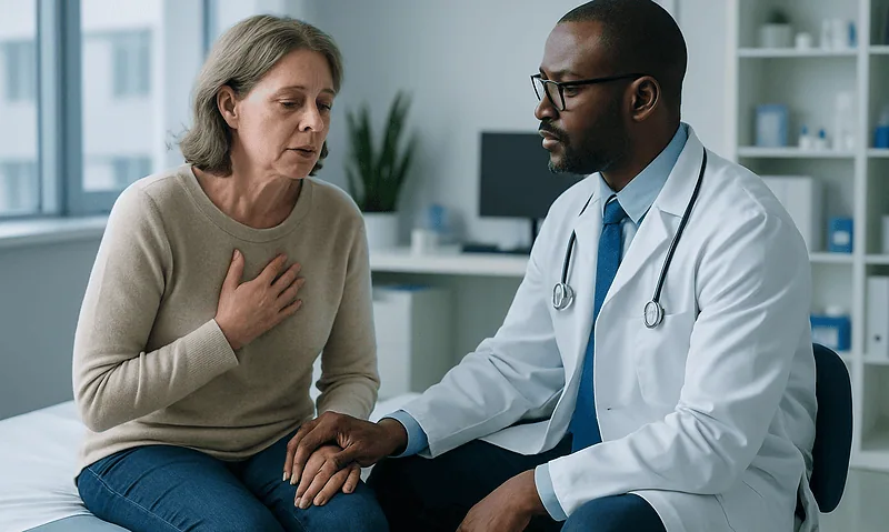 Doctor consulting with a patient about long COVID symptoms in a clinical setting.