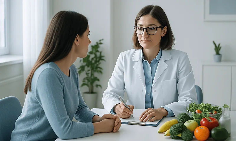 Doctor consulting with patient about health and nutrition.