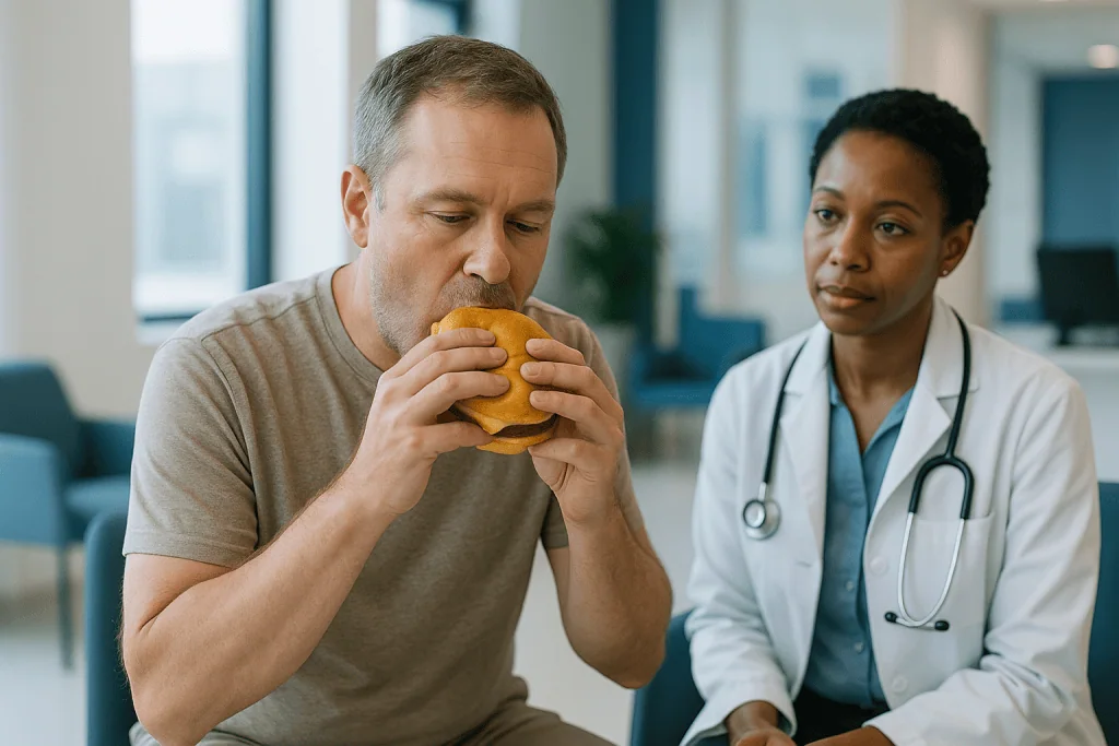 Man eating burger while doctor watches in office: Low HDL causes: what is the main cause of low HDL?