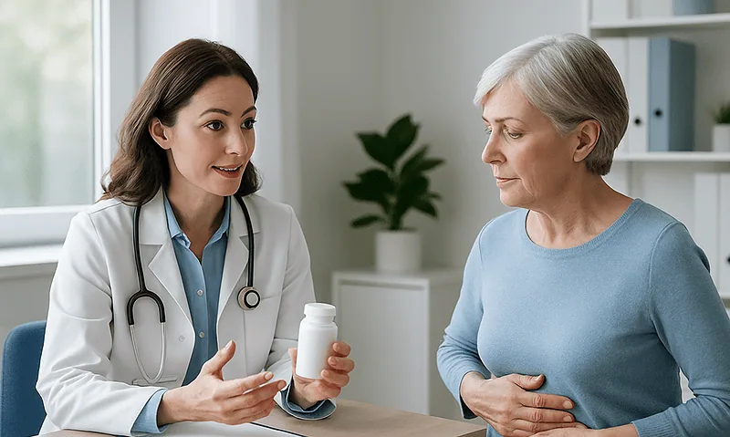 Doctor explaining medication to an elderly woman in a clinic setting.