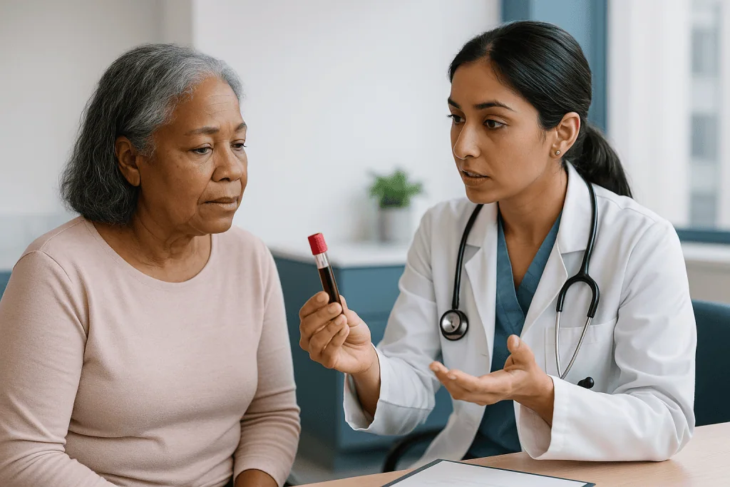 Doctor discussing blood test results with older female patient: Lupus nephritis blood tests beyond creatinine: complement, a
