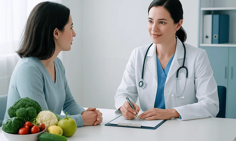 Doctor consulting with patient about health and nutrition at clinic.