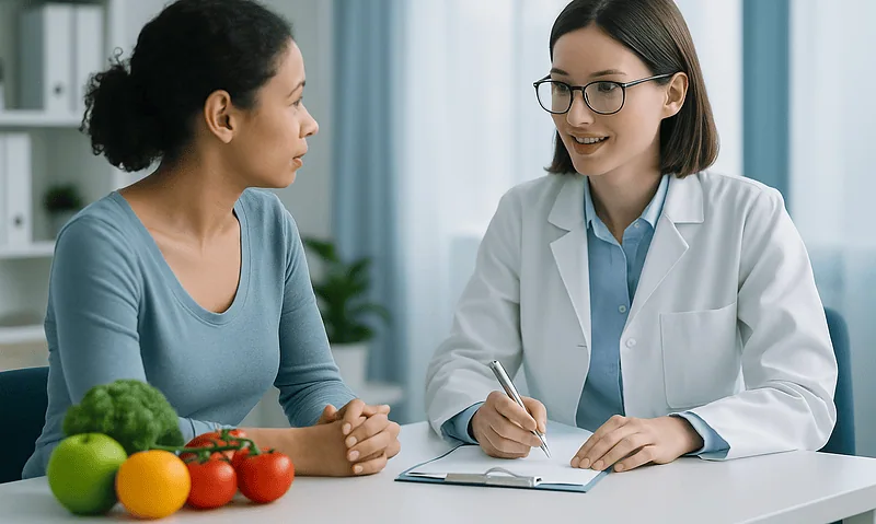 Doctor consulting a patient about dietary supplements in a clinic setting.