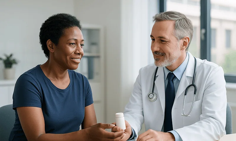 Doctor consulting with a patient about medication in a clinic setting.