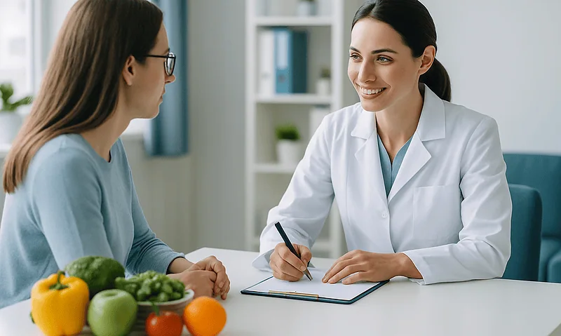 Doctor consulting with a patient about male fertility supplements.