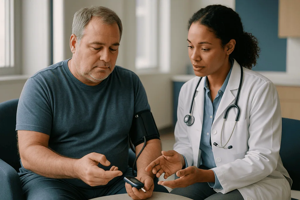 Doctor consulting with male patient about health data: Markers two and three: blood glucose and blood pressure