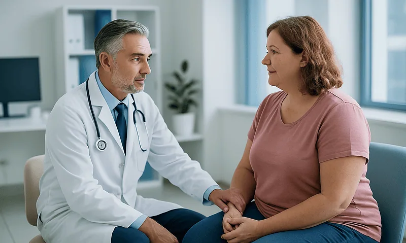 Doctor consulting with a female patient in a medical office.