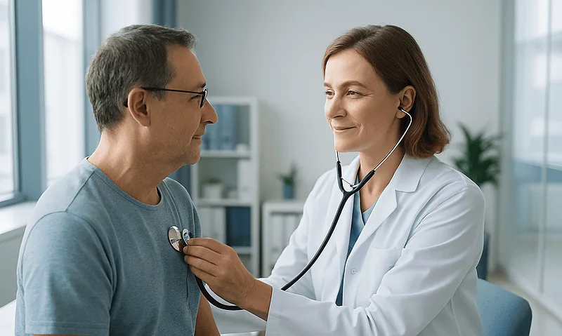 Max Heart Rate and Heart Rate Recovery: What the Numbers Say About Fitness and Heart Health 6 Doctor checking patient's heart with stethoscope in clinic setting.