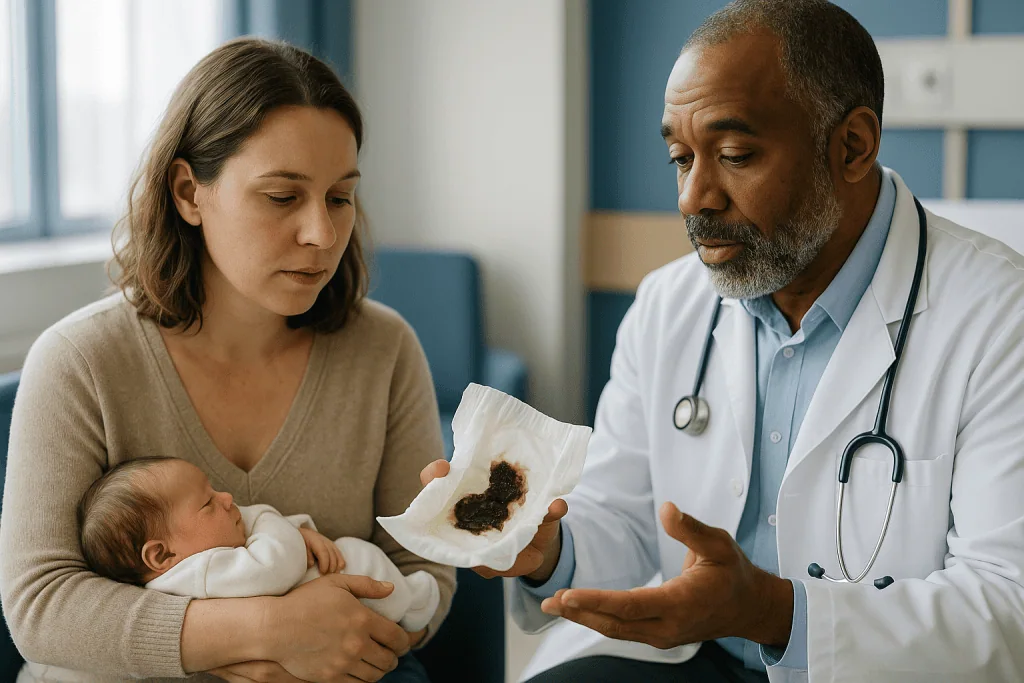 Doctor discussing infant stool sample with mother: Meconium: why the first baby poop is black and sticky