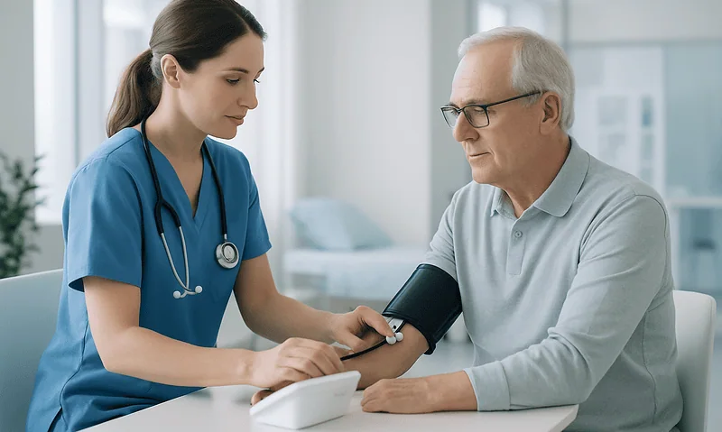 Healthcare professional measuring blood pressure of an elderly patient in a clinical setting.