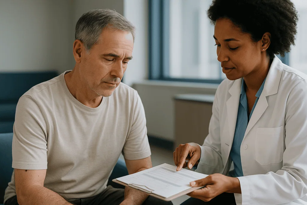 Doctor reviewing medical documents with male patient: Melanoma follow-up guidelines by stage: a summary table
