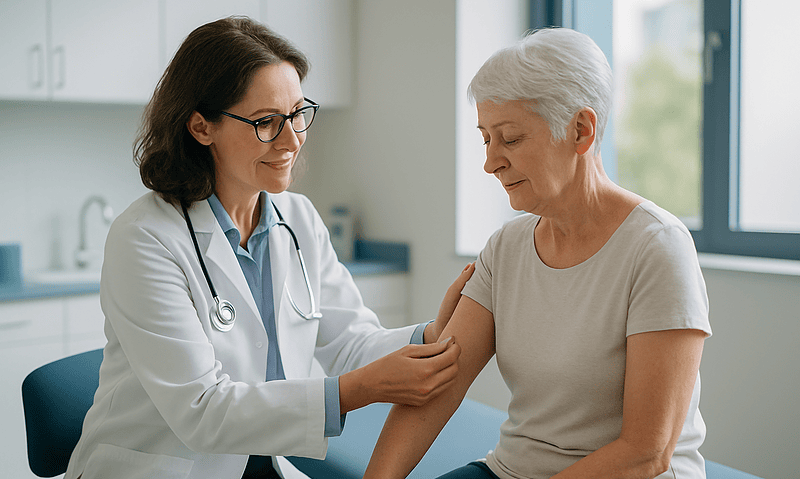 Doctor examining elderly woman's arm in a medical consultation room.