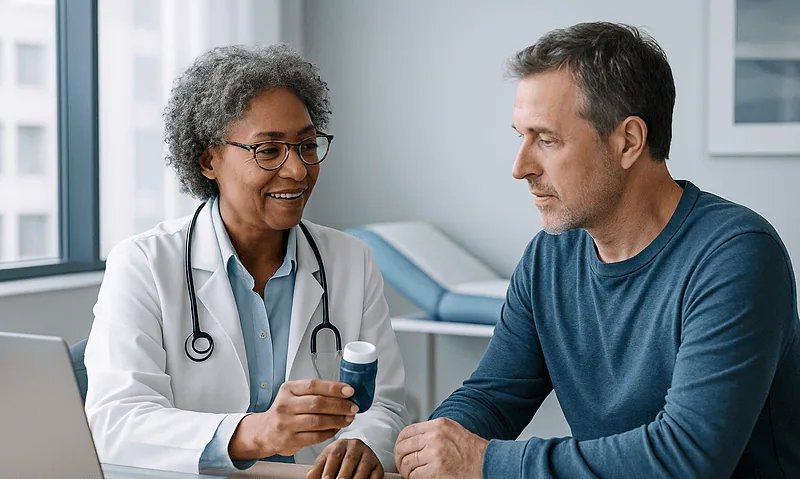 Doctor discussing medication with a patient in a clinical setting.