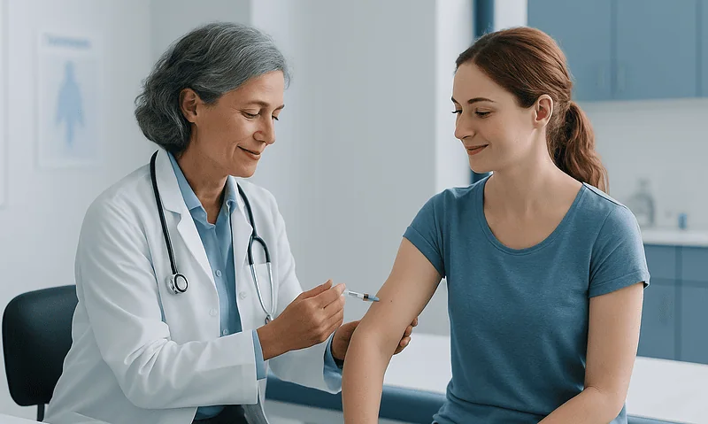 Doctor administering vaccine to young woman in clinic setting.