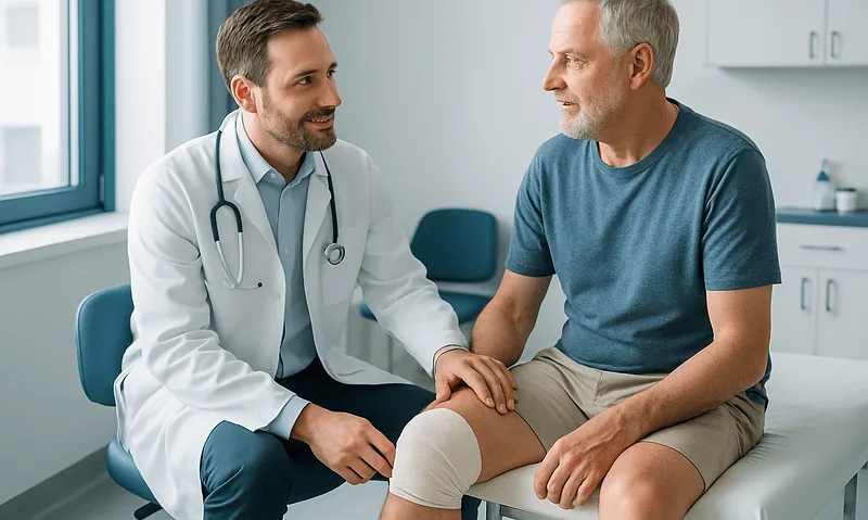 Doctor consulting with an older patient about knee health in a clinic.