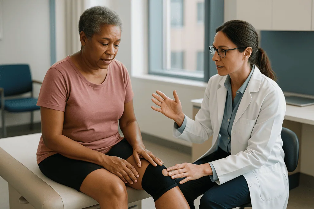 Doctor examining patient's knee during consultation: Meniscus trim, meniscus repair or ACL reconstruction: why the knee path