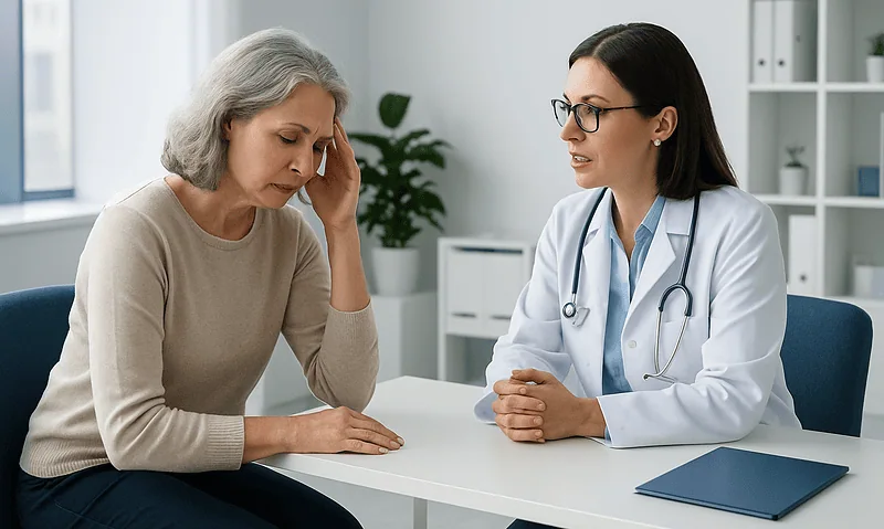 Doctor consulting with a middle-aged woman about menopause symptoms.