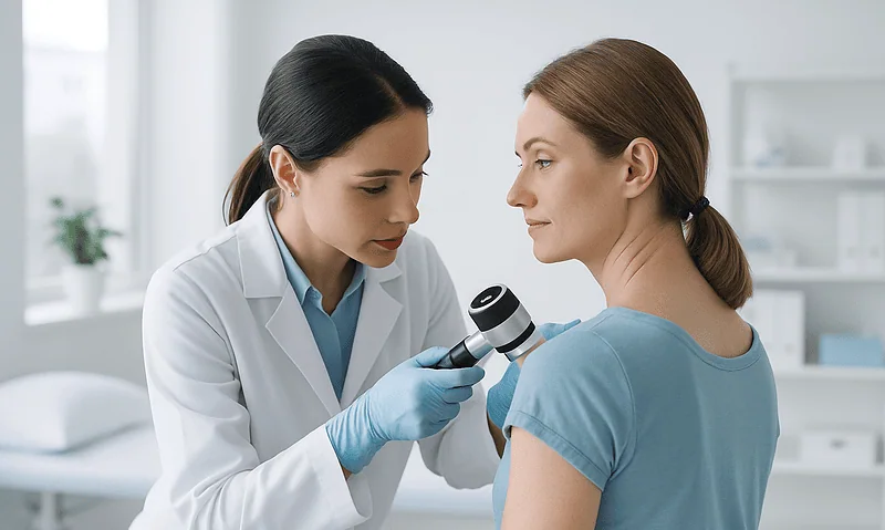 Doctor examining a woman's shoulder with a stethoscope in a clinical setting.