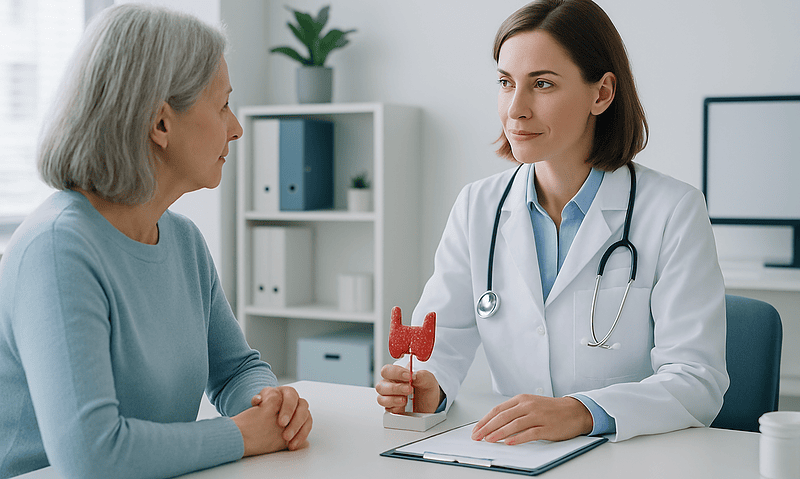 Doctor explaining thyroid health to a patient with a thyroid model.