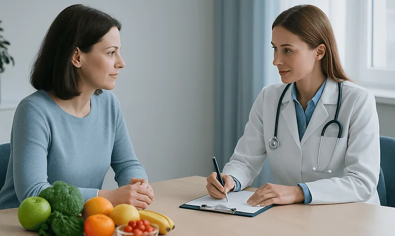 Doctor consulting a woman about menopause supplements and healthy diet options.