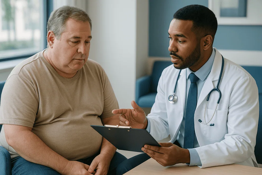 Doctor consulting patient with tablet about health results: Metabolic syndrome criteria: the five numbers on your report