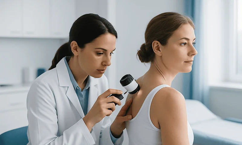 Dermatologist examining patient's shoulder with a dermatoscope in clinic.