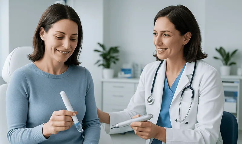 Doctor explaining treatment options to a patient in a clinic setting.