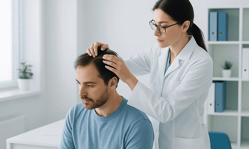 Doctor examining man's scalp in a clinical setting.