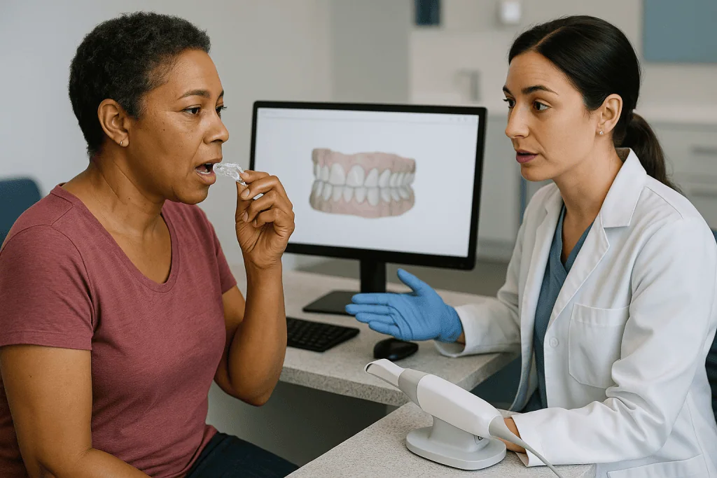 Orthodontist consultation with patient discussing clear aligners: Milestone one: the scan, the plan and the hardest week