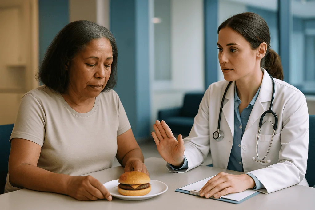 Doctor counseling patient about burger food choice: MIND diet foods to avoid, and how strict the limits really are