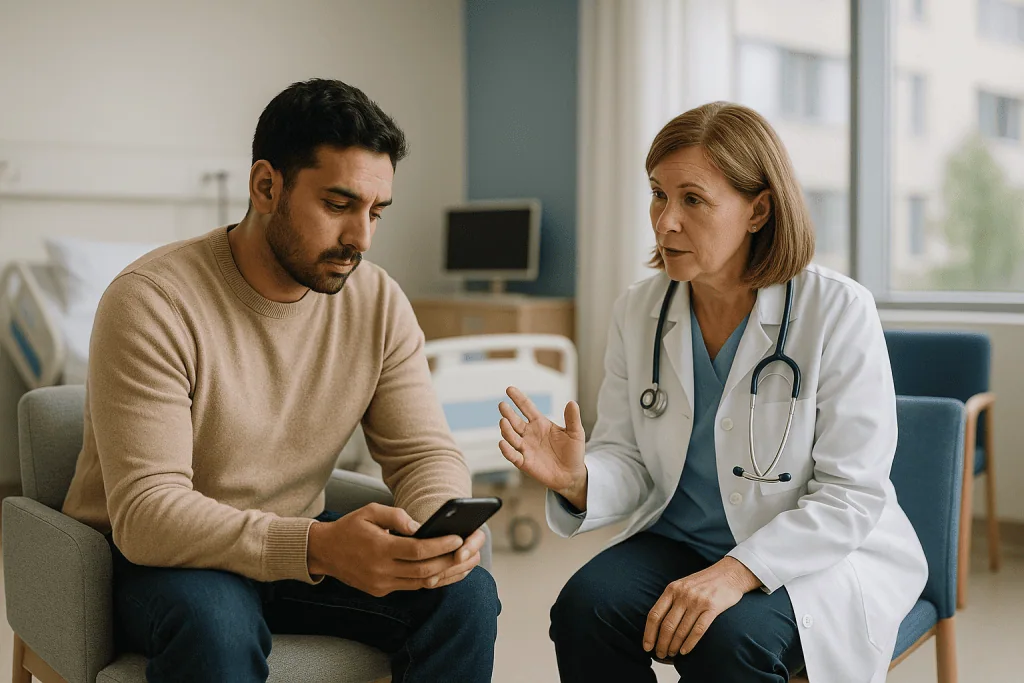 Doctor consulting patient about digital health concerns: Mindless scrolling vs doomscrolling: what is the difference?