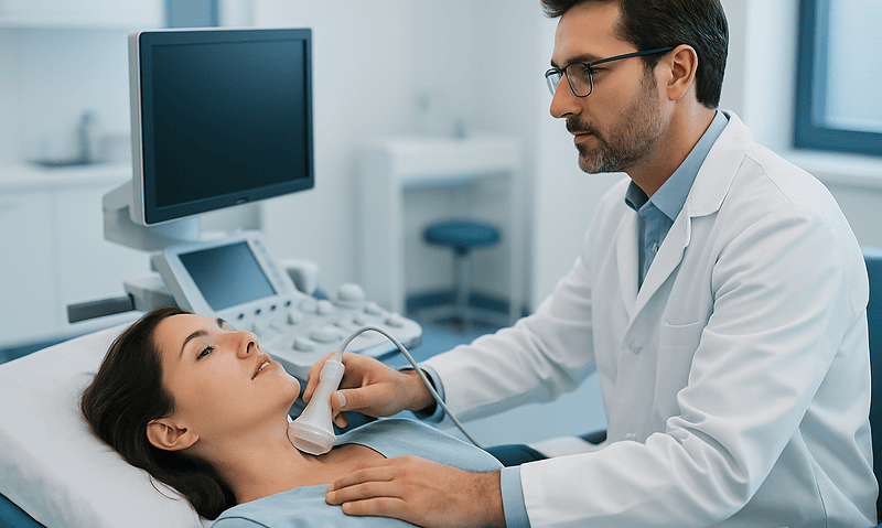 Doctor performs ultrasound exam on patient in hospital setting.