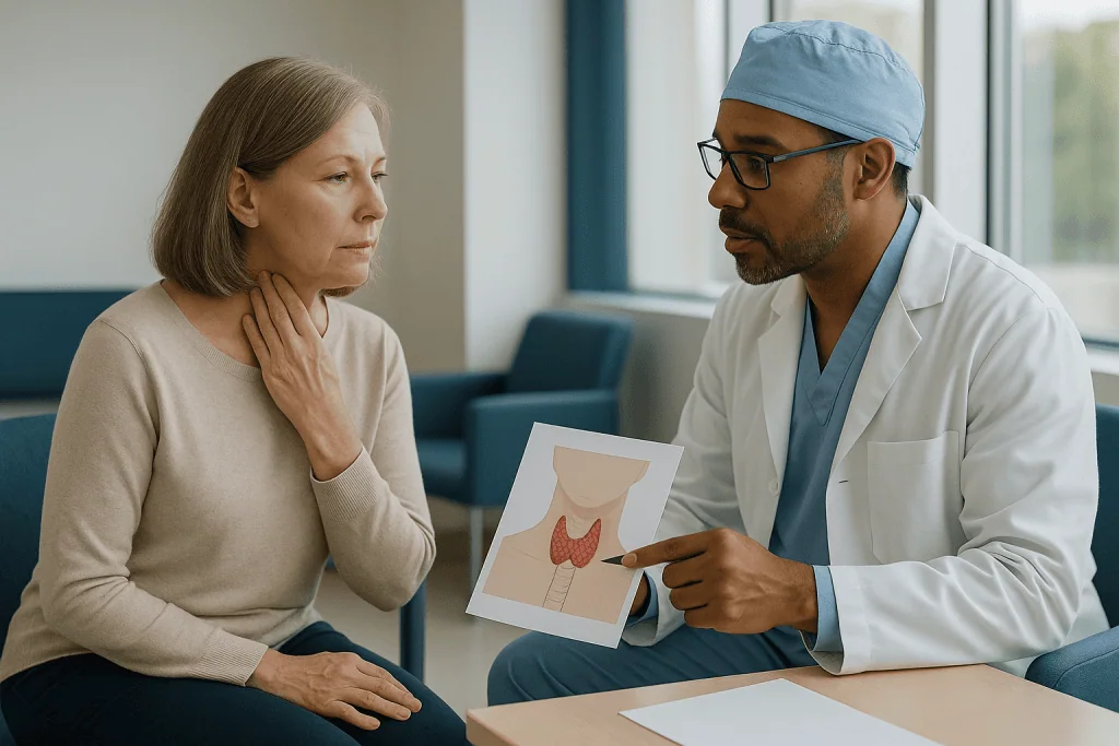 Doctor discussing thyroid diagram with middle-aged patient: Minimally invasive parathyroidectomy vs exploration: the core di