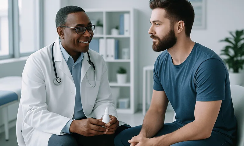 Doctor consulting with a male patient in a modern clinic setting.