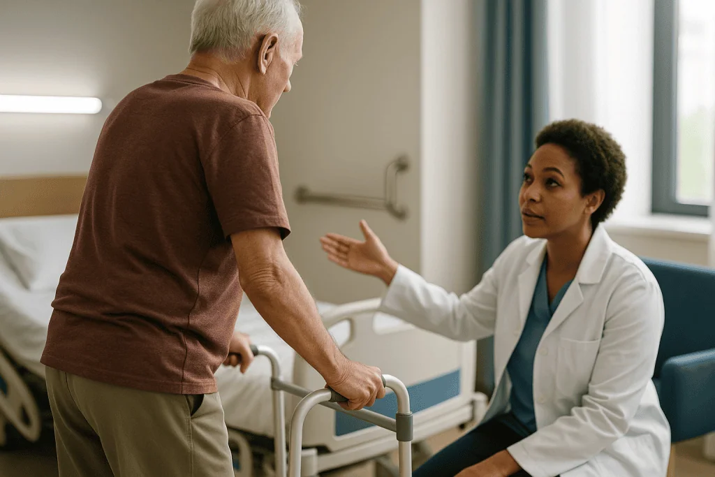 Elderly patient with walker consulting healthcare provider: Mobility aids and home changes that prevent the fall before it h