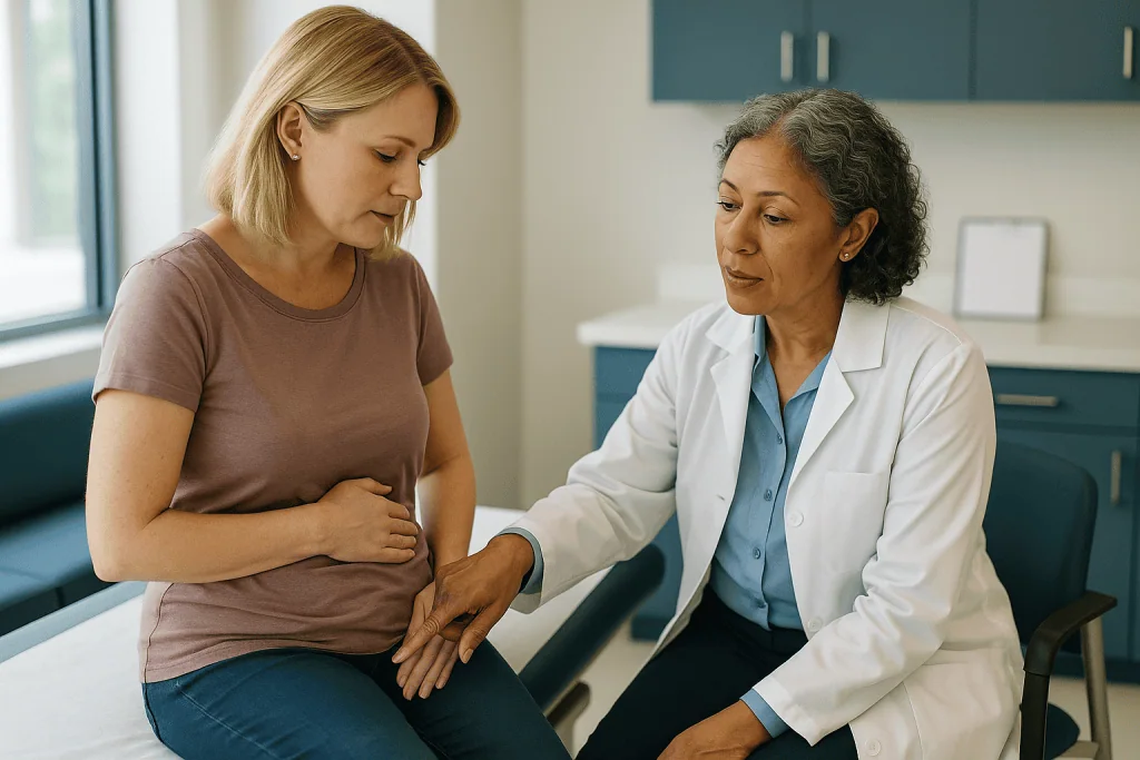 Doctor examining patient's abdomen in clinical setting: Monsplasty numbness: what the nerves are doing