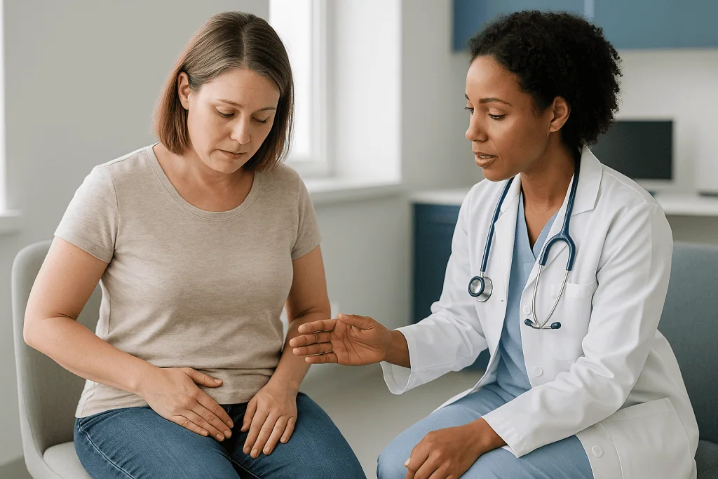 Doctor consulting female patient about abdominal pain: Monsplasty risks at a glance: common, uncommon and rare