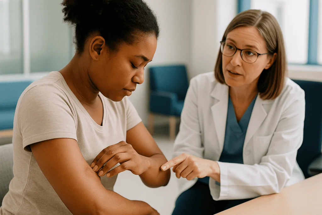 Doctor examining patient's arm for skin irritation: Mosquito bites: the pink, itchy wheal that shows up fast