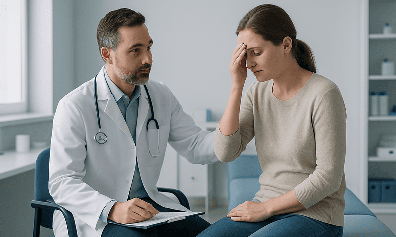 Doctor examining a woman with headache in a medical office.