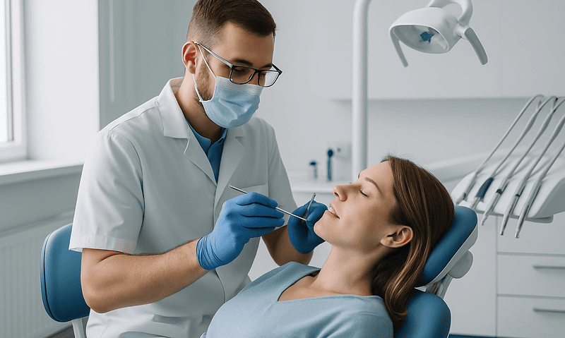 Dentist examining patient's mouth after wisdom teeth removal in a clinical setting.