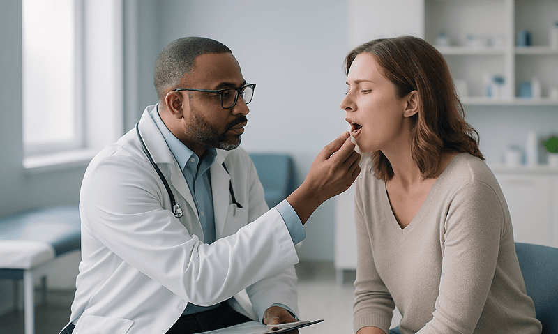 Doctor examining patient's mouth for ulcers or oral issues.