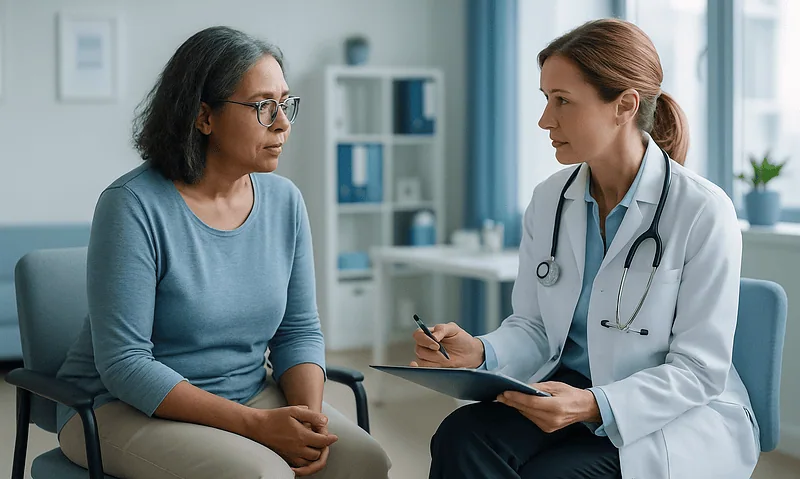 Doctor consulting with a patient about health concerns in a medical office.
