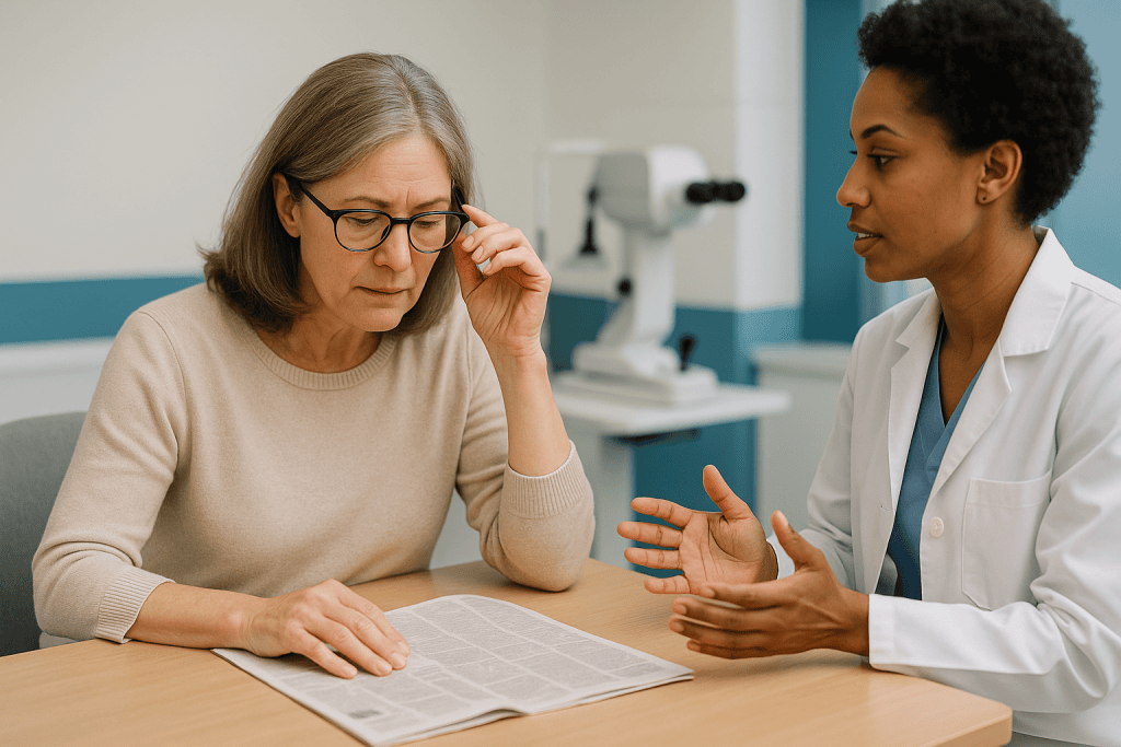 Doctor and patient reviewing medical documents in consultation: Multifocal lens vs monofocal: what the trade-off really is
