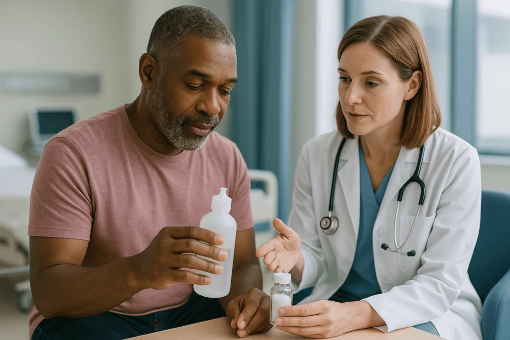 Doctor consulting patient about medication bottle: Nasal irrigation after sinus surgery: what goes in the bottle