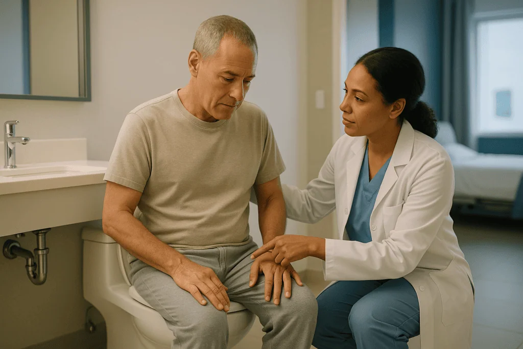 Female doctor examining male patient's leg in clinic: Neobladder: how learning to urinate again really works